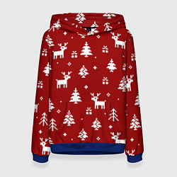Женская толстовка Новогодние олени и елки на красном фоне