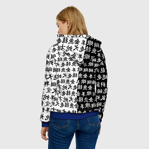 Женская толстовка ЧЁРНО БЕЛЫЕ ИЕРОГЛИФЫ / 3D-Синий – фото 4