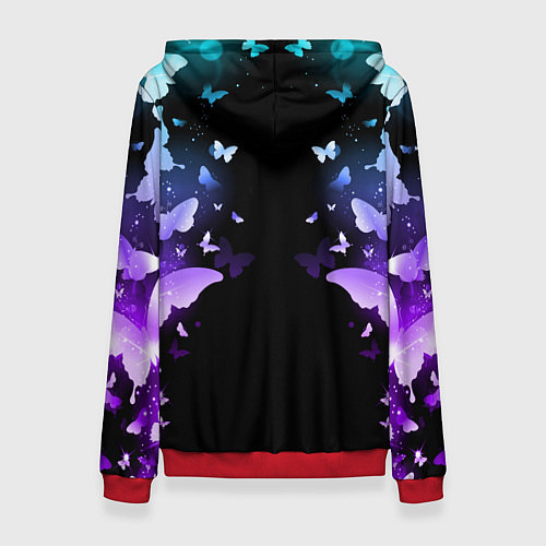 Женская толстовка ТРИО ГЕРОИНЬ ГЕНШИН ИМПАКТ, НЕОНОВЫЕ БАБОЧКИ / 3D-Красный – фото 2