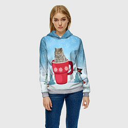 Толстовка-худи женская Удивленный котик в кружке, цвет: 3D-меланж — фото 2