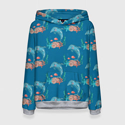 Толстовка-худи женская Дельфины Море паттерн, цвет: 3D-меланж