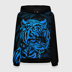 Толстовка-худи женская Голубой тигр Blue, цвет: 3D-черный
