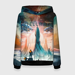 Толстовка-худи женская Stellaris космические корабли на фоне башни, цвет: 3D-черный