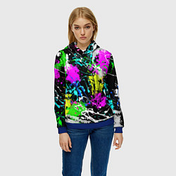 Толстовка-худи женская Разноцветные пятна краски на черном фоне, цвет: 3D-синий — фото 2