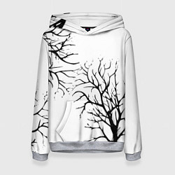 Толстовка-худи женская Черные ветки деревьев на белом фоне, цвет: 3D-меланж