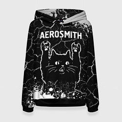 Толстовка-худи женская Группа Aerosmith и Рок Кот, цвет: 3D-черный