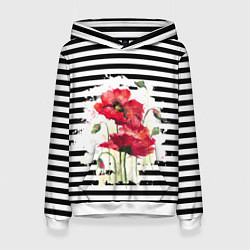 Толстовка-худи женская Red poppies Акварельные цветы, цвет: 3D-белый