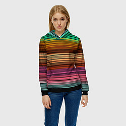 Толстовка-худи женская Multicolored thin stripes Разноцветные полосы, цвет: 3D-черный — фото 2