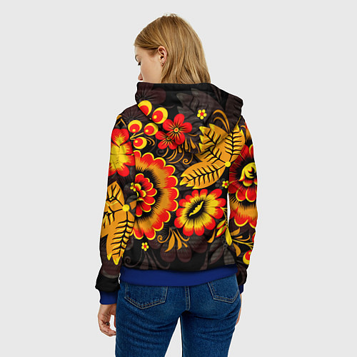 Женская толстовка Хохломская Роспись Цветы На Тёмном Фоне / 3D-Синий – фото 4