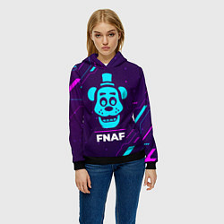 Толстовка-худи женская Символ FNAF в неоновых цветах на темном фоне, цвет: 3D-черный — фото 2