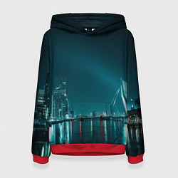 Толстовка-худи женская Неоновый мост и город - Светло-синий, цвет: 3D-красный