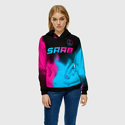 Толстовка-худи женская Saab - neon gradient: символ сверху, цвет: 3D-черный — фото 2