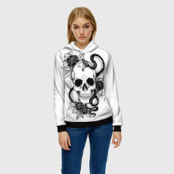 Толстовка-худи женская Череп и Мамба и чёрные розы, цвет: 3D-черный — фото 2