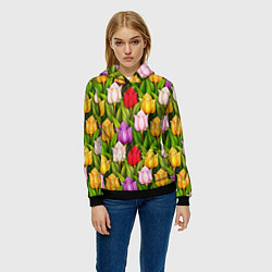 Толстовка-худи женская Объемные разноцветные тюльпаны, цвет: 3D-черный — фото 2