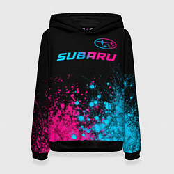 Толстовка-худи женская Subaru - neon gradient: символ сверху, цвет: 3D-черный