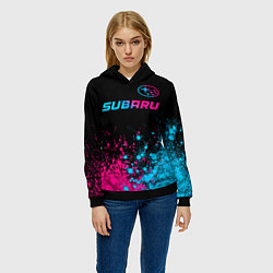 Толстовка-худи женская Subaru - neon gradient: символ сверху, цвет: 3D-черный — фото 2