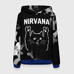 Толстовка-худи женская Группа Nirvana и рок кот, цвет: 3D-синий