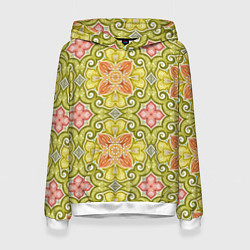 Женская толстовка Зеленые узоры и оранжевые цветы