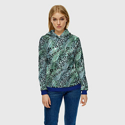 Толстовка-худи женская Листья пальмы на леопардовом серо - зеленом фоне, цвет: 3D-синий — фото 2