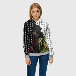 Толстовка-худи женская Гию Томиока - Иероглифы - чб, цвет: 3D-меланж — фото 2