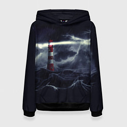 Толстовка-худи женская Маяк и штормовое море в ночи, цвет: 3D-черный