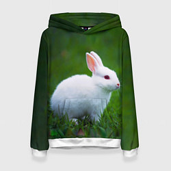 Толстовка-худи женская Кролик на фоне травы, цвет: 3D-белый