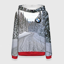 Толстовка-худи женская BMW - зимняя дорога через лес, цвет: 3D-красный