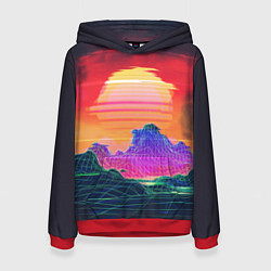Толстовка-худи женская Синтвейв неоновые горы на закате, цвет: 3D-красный