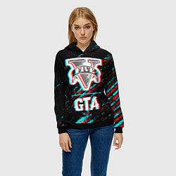 Толстовка-худи женская GTA в стиле glitch и баги графики на темном фоне, цвет: 3D-черный — фото 2