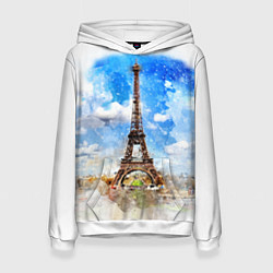 Толстовка-худи женская Париж Эйфелева башня рисунок, цвет: 3D-белый