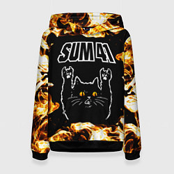 Толстовка-худи женская Sum41 рок кот и огонь, цвет: 3D-черный