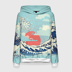Толстовка-худи женская Морской пейзаж с большими волнами на закате, цвет: 3D-белый