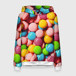 Толстовка-худи женская Много ярких конфет, цвет: 3D-белый