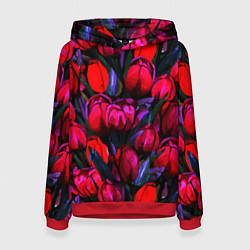 Толстовка-худи женская Тюльпаны - поле красных цветов, цвет: 3D-красный