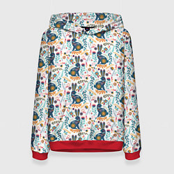 Толстовка-худи женская Новогодний паттерн - Кролики и веточки, цвет: 3D-красный
