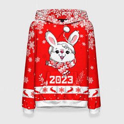 Толстовка-худи женская Праздничный кролик 2023, цвет: 3D-белый