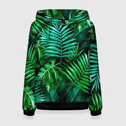 Толстовка-худи женская Тропические растения - текстура, цвет: 3D-черный