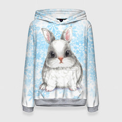 Толстовка-худи женская Белый кролик и снежинки, цвет: 3D-меланж