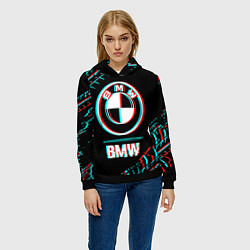 Толстовка-худи женская Значок BMW в стиле glitch на темном фоне, цвет: 3D-черный — фото 2
