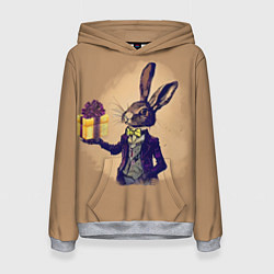 Толстовка-худи женская Кролик в костюме с подарком, цвет: 3D-меланж