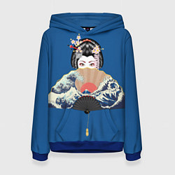 Толстовка-худи женская Японская гейша с большим веером, цвет: 3D-синий