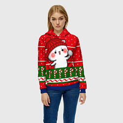 Толстовка-худи женская Белый котик - игра в снежки, цвет: 3D-синий — фото 2