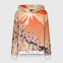 Толстовка-худи женская Ветка цветущей сакуры и вулкан, цвет: 3D-белый