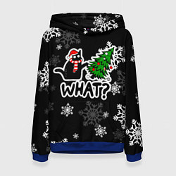 Толстовка-худи женская What котик роняет ёлку, цвет: 3D-синий