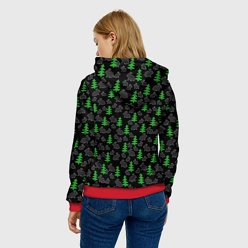 Женская толстовка Черный водяной кролик и елка паттерн / 3D-Красный – фото 4