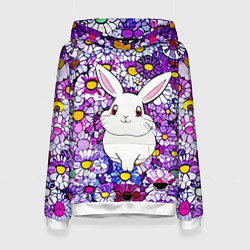 Толстовка-худи женская Веселый кролик в цветах, цвет: 3D-белый