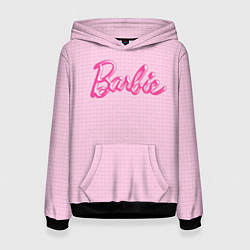 Толстовка-худи женская Барби - логотип на клетчатом фоне, цвет: 3D-черный
