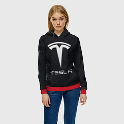 Толстовка-худи женская Tesla логотип - матовое стекло, цвет: 3D-красный — фото 2