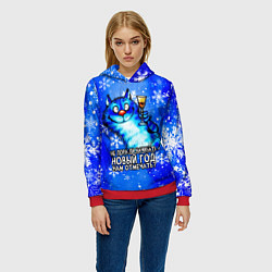 Толстовка-худи женская Котик - не пора ли начинать Новый год нам отмечать, цвет: 3D-красный — фото 2