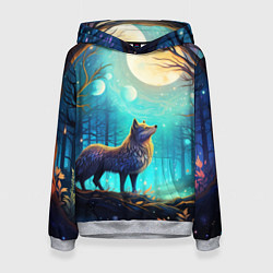 Женская толстовка Волк в ночном лесу в folk art стиле